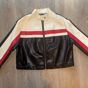 SHEIN Black and Cream Leather Jacket with Red Stripes